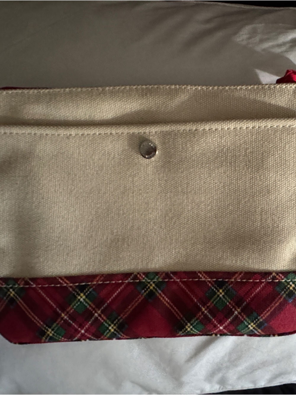 Canvas Lands’ End clutch with Red Plaid Trim and red wristlet. NWOT never used.